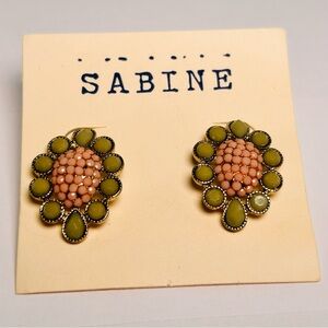 NWT Antique inspired Pink/Olive Green/Gold SABINE Floral Beaded Earrings